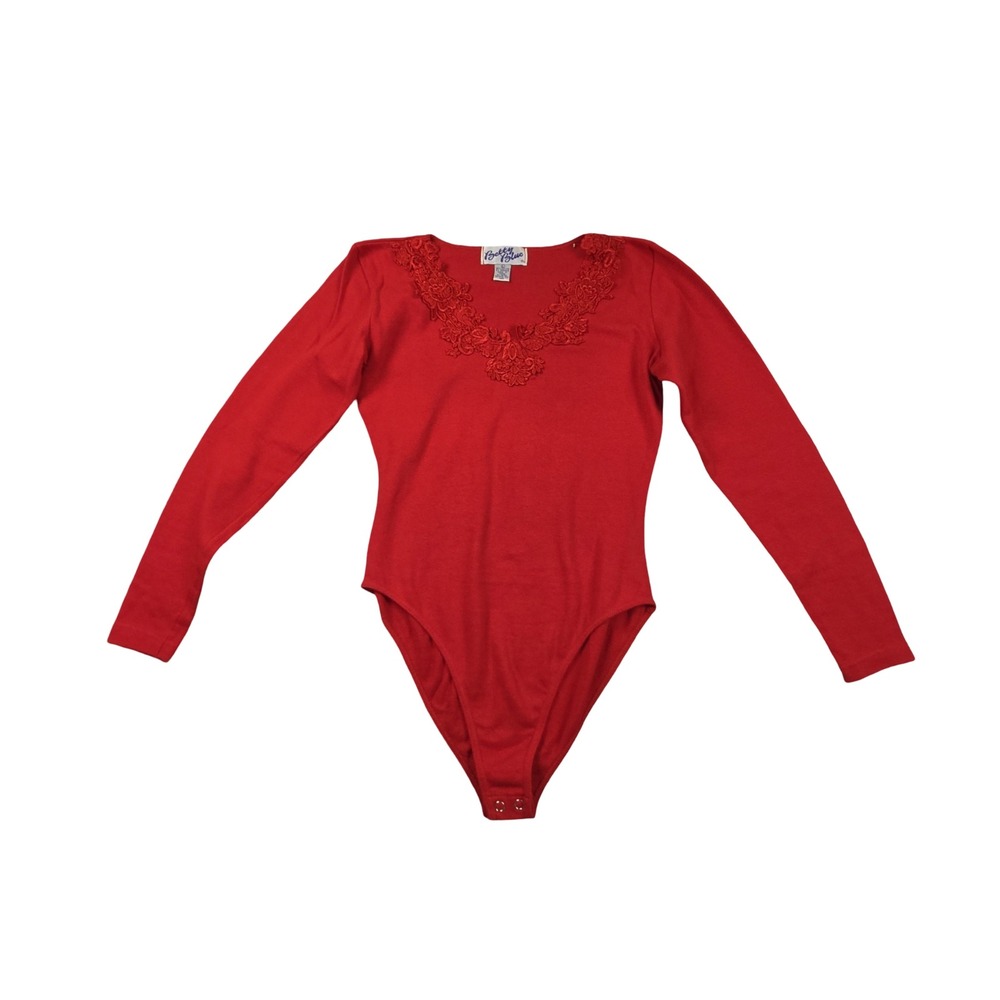 Vintage Betty Blue Red Long Sleeve Lace Trim Bodysuit V-Neck Large Sexy 90s